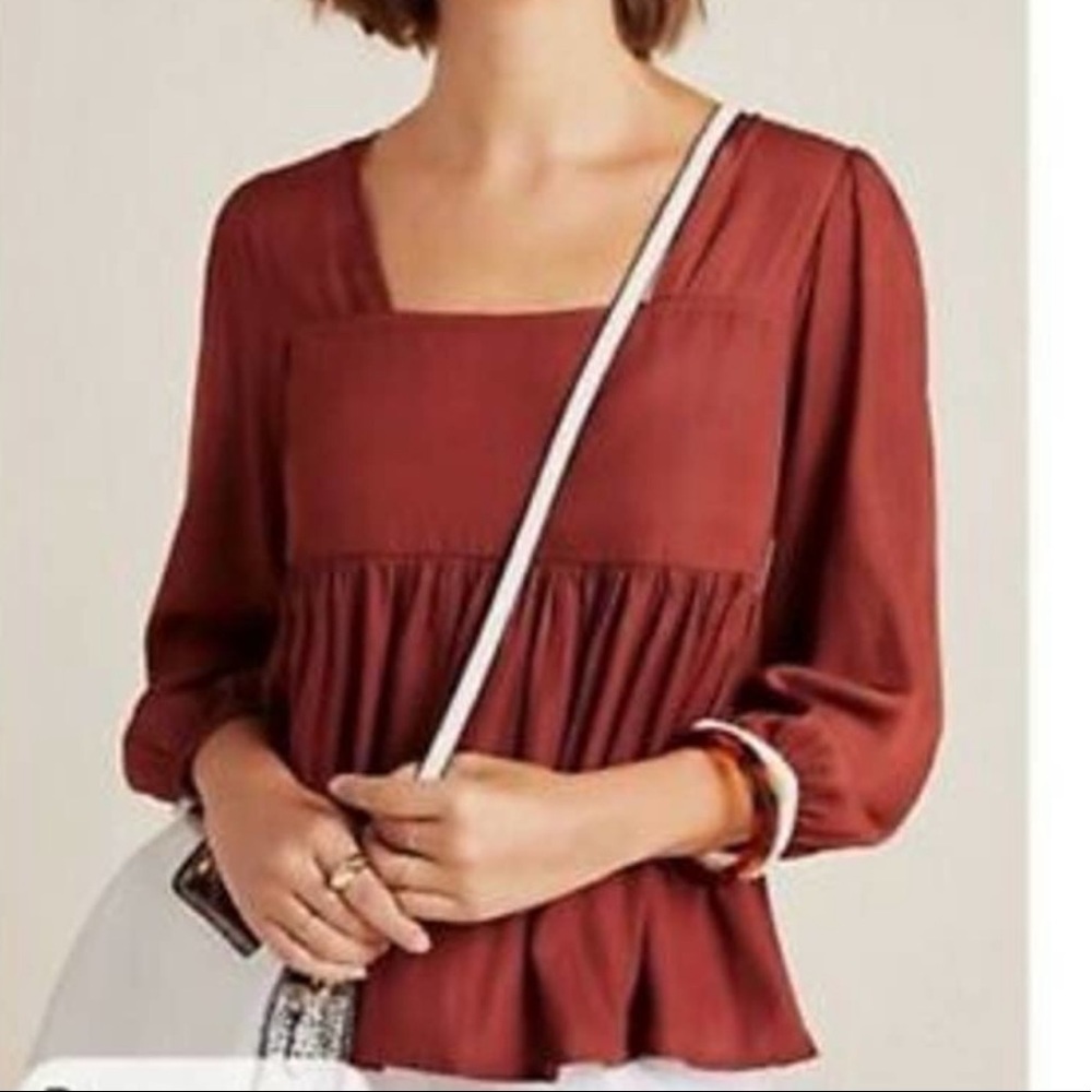 Anthropologie MOTH Rust Burnt Red Satin Square Neck Babydoll Shirt Small